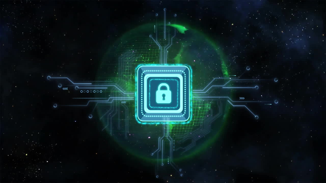 Animation of network of connections and globe with padlock icon