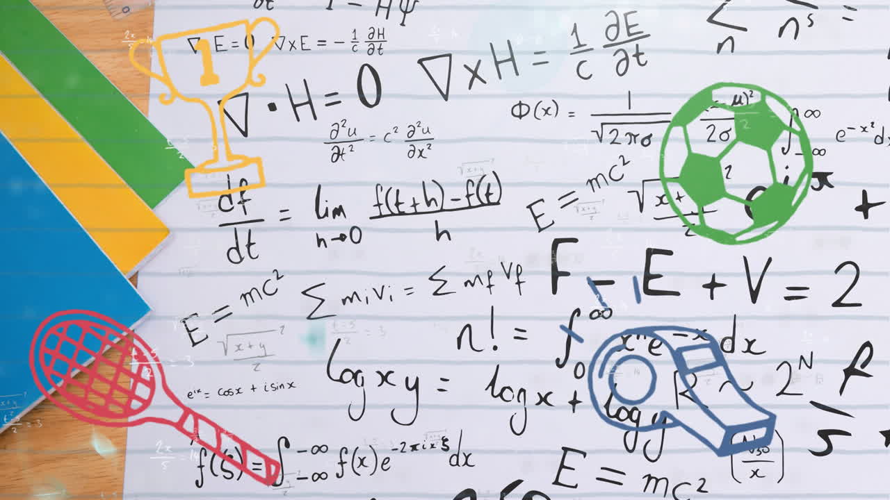 In school, animation of mathematical equations and sports icons on paper background