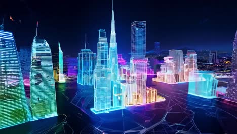 futuristic cityscape with vibrant neon lights illuminating modern skyscrapers at night, showcasing technological advancement and architectural brilliance