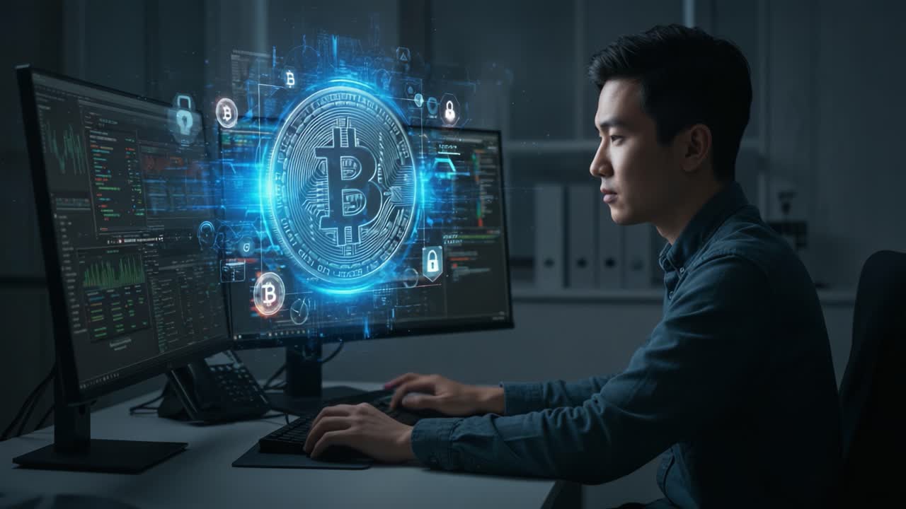 A focused individual engages with advanced cryptocurrency technology, analyzing data and visualizations on dual monitors displayed with dynamic Bitcoin graphics.