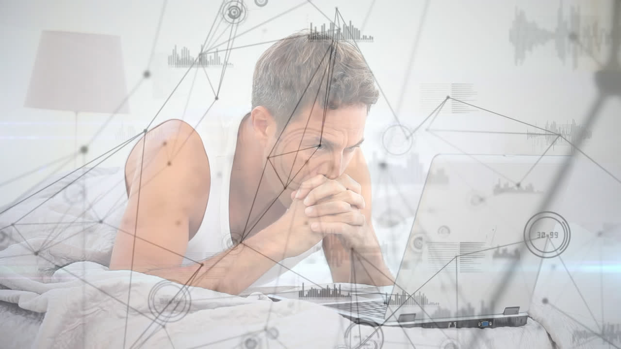 집에서 노트북을 사용하는 좌절된 남학생에 대한 연결 네트워크의 애니메이션