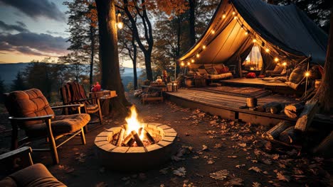 cozy camping setup in a scenic forest at sunset