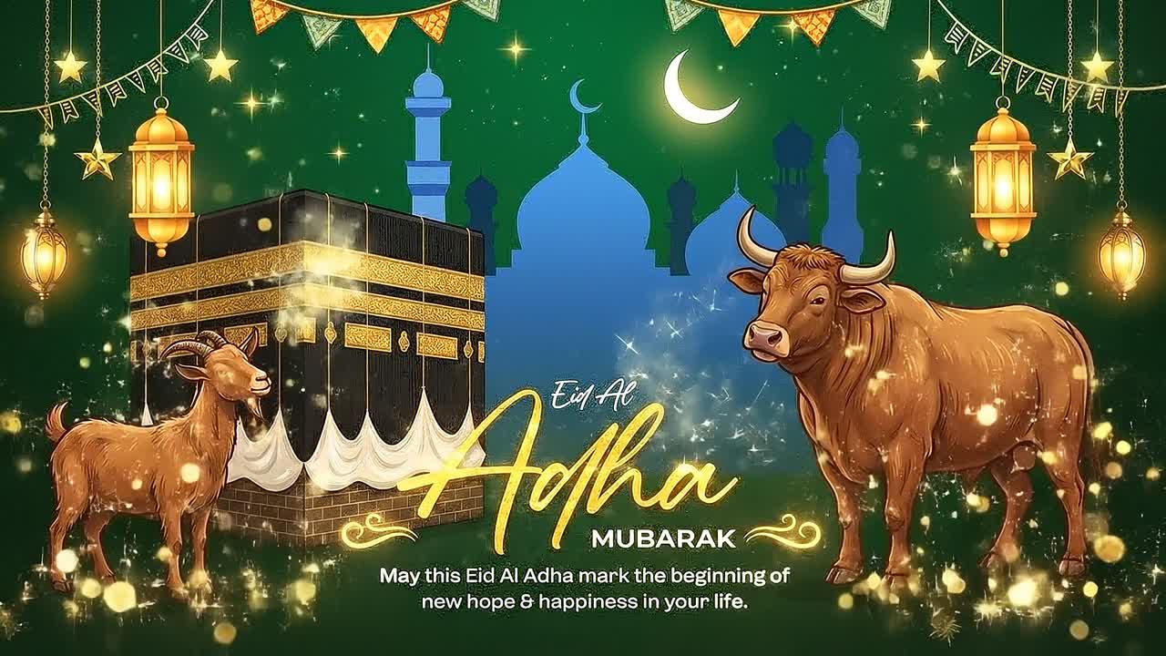 Eid Al Adha festive night greeting animation kaaba shrine with goat and bull beneath crescent moon during illuminated