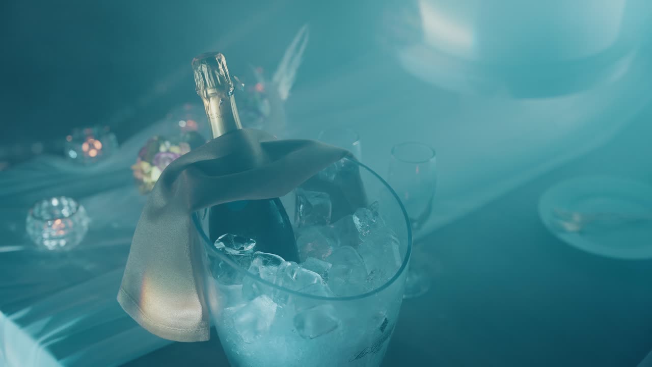 Champagneflaske indpakket med satinbånd i en isspand på et dekoreret bord med stearinlys og glasvarer i blødt blåt lys