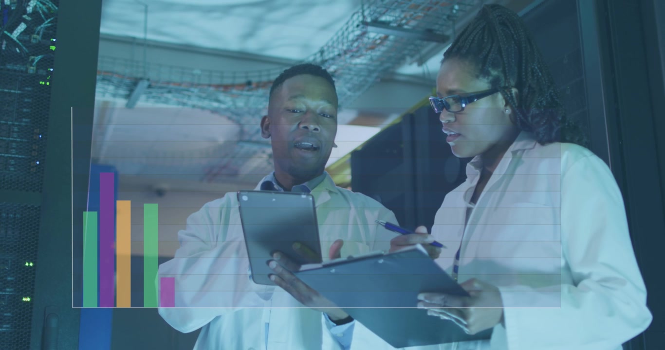 Animation of data processing over diverse male and female engineers discussing at server room