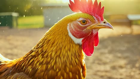 primer plano de un gallo en un entorno de granja