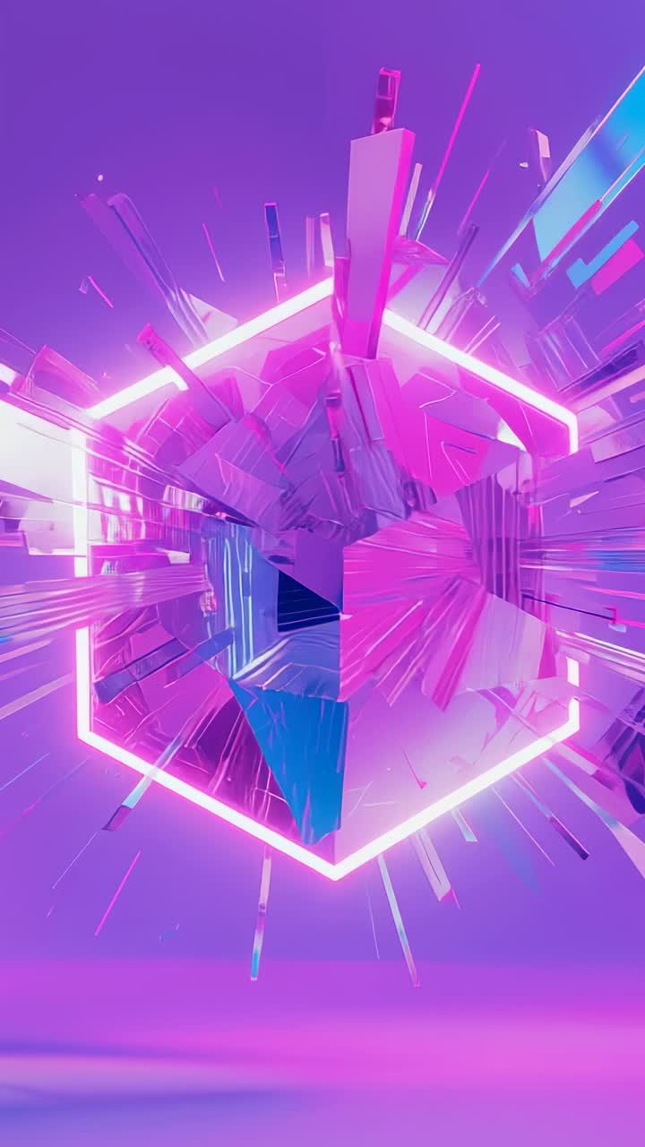 Vertical video: Floating neon hexagon pulsing glow causing shards bursting outward on purple stage