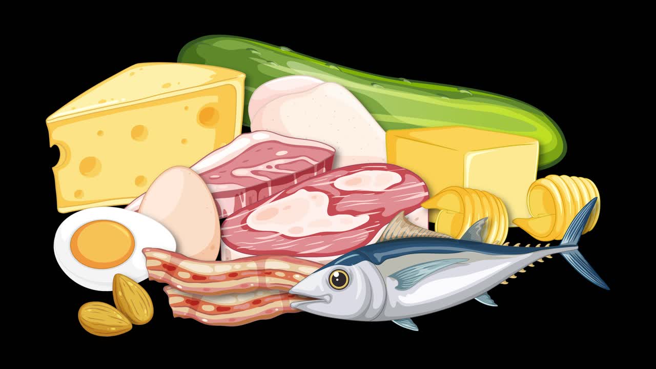 Various protein foods, including fish, cheese, eggs, and meat, animate together on a black background