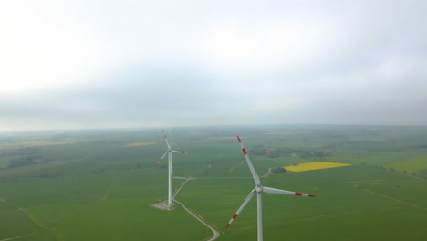 Drehender-Propeller-Von-Windmühlen-In-Immergrüner-Landschaft-Während-Des-Nebligen-Morgens