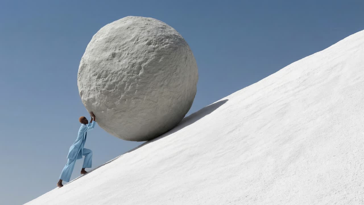 Individual struggles with massive stone lone figure exerts effort against colossal round rock on