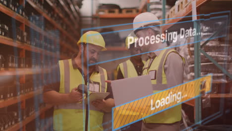 animación del procesamiento de datos en diversos ingenieros en el almacén