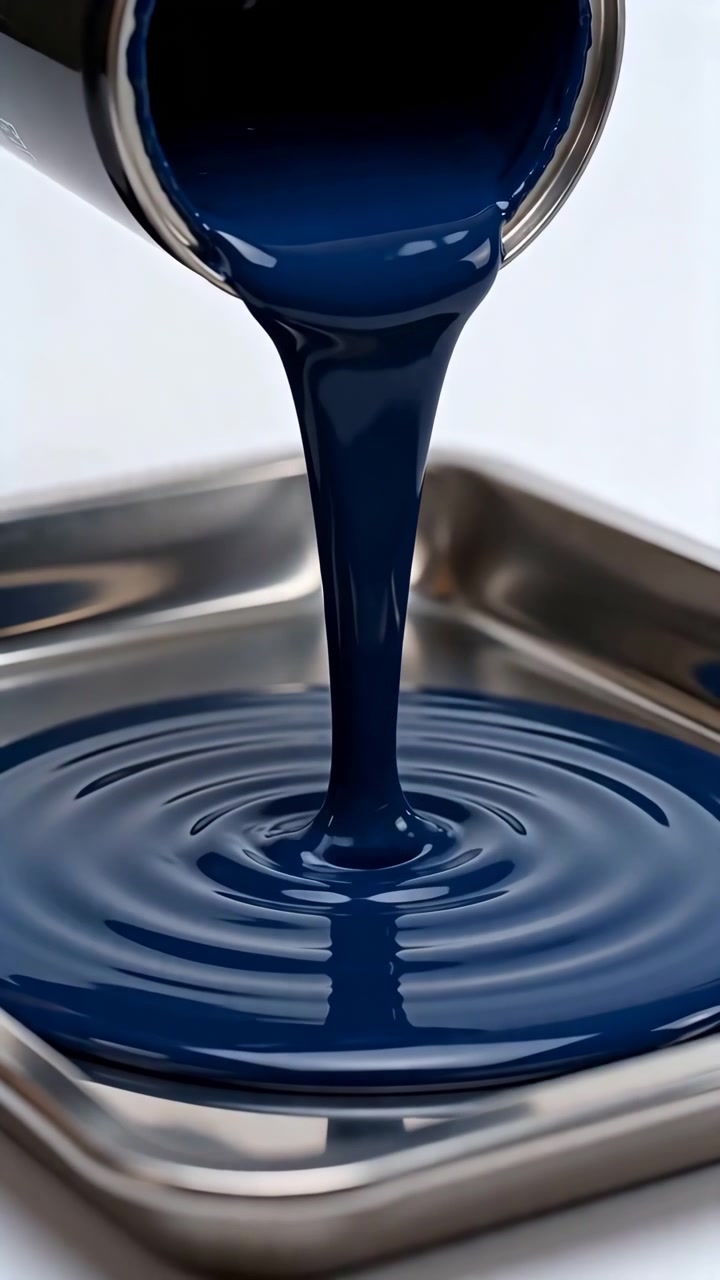 Progressive pouring sequence showing deep navy blue paint poured from tilted metal can into shallow stainless steel tray
