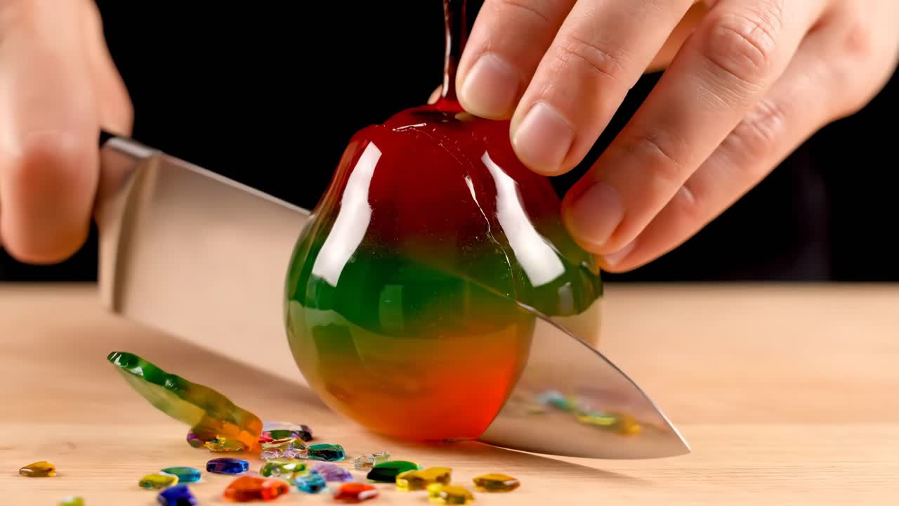 Cutting Colorful Jelly Dessert with a Knife