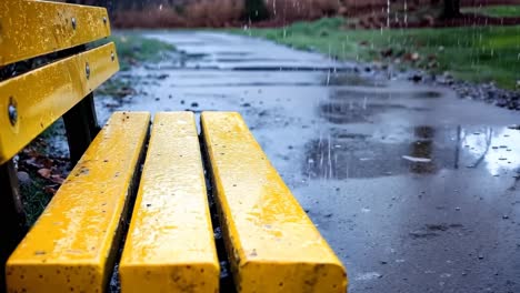 a yellow park bench sitting in the rain on a rainy day