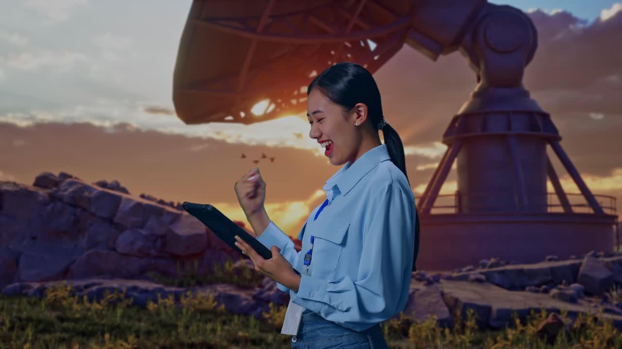 Side View Of An Asian Female Professional Worker Standing With Her Tablet With Large Satellite Dish, She Raises Her Fist Up With Screaming Goal After Check On The Tablet