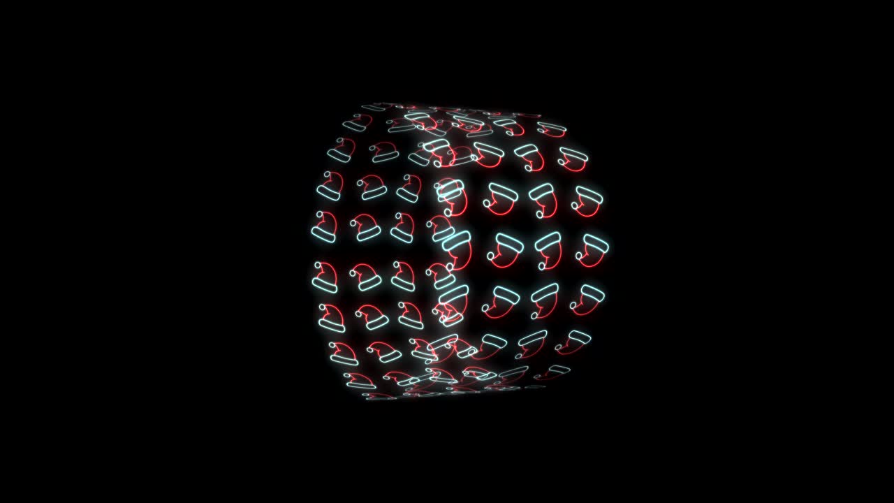 fondo de patrón navideño de neón de sombrero de santa en animación de bucle rojo, blanco y negro