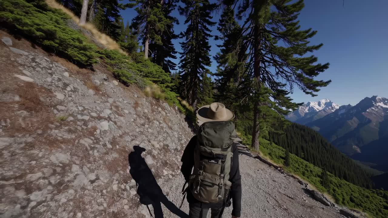 Un video riprende un escursionista da dietro, che cammina su un sentiero di montagna