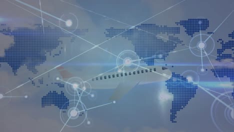 animación de la red de conexiones sobre el icono del avión volando contra el mapa del mundo