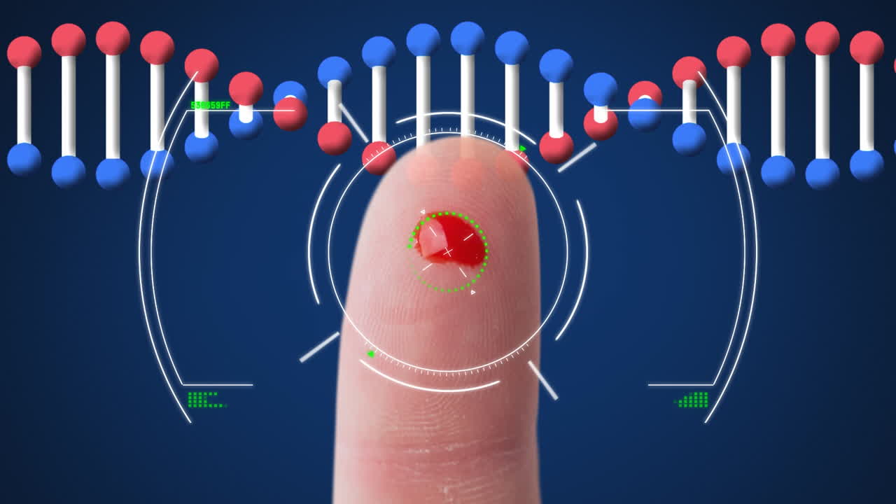 혈액 방울과 함께 손가락 위에 스 ⁇  스캐닝과 dna  ⁇ 의 애니메이션