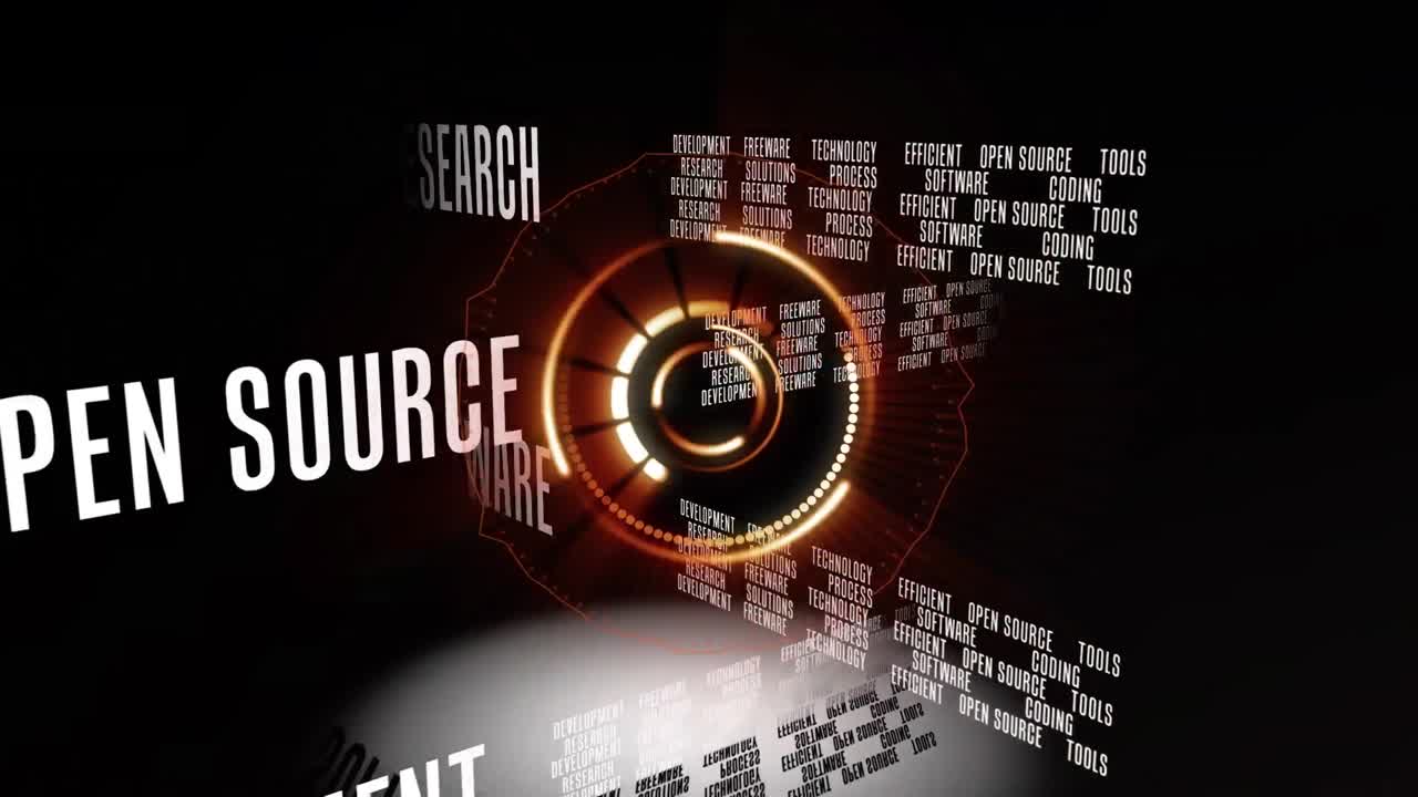 검은 바탕에 여러 비즈니스 개념 텍스트를 회전시키는 둥근 스캐너의 디지털 애니메이션