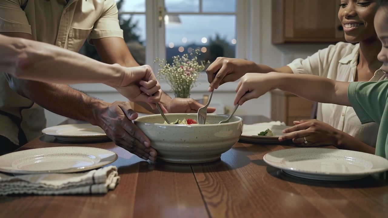 Starting meal, family serving salad at home dining table, man in khaki shirt steadying ceramic bowl