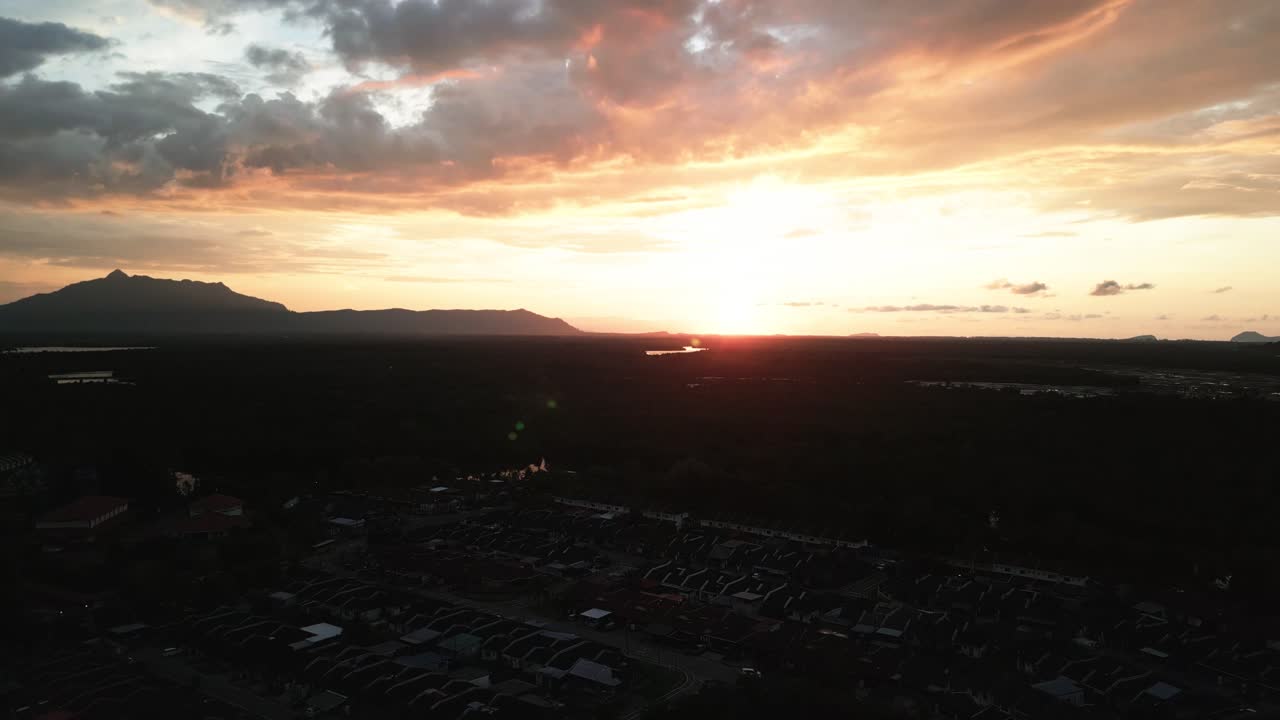 Beautiful Aerial Drone View During Sunset,Background Mount Serapi ,Summer At Samariang Aman Housing,Kuching,Sarawak