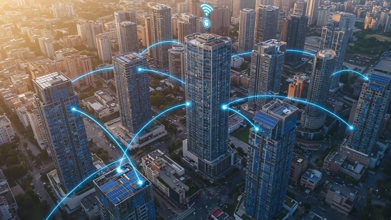 Urban Connectivity: Aerial View of Smart Buildings with Wireless Signals Representing Advanced Technological Integration and IoT Networks in a Modern Cityscape