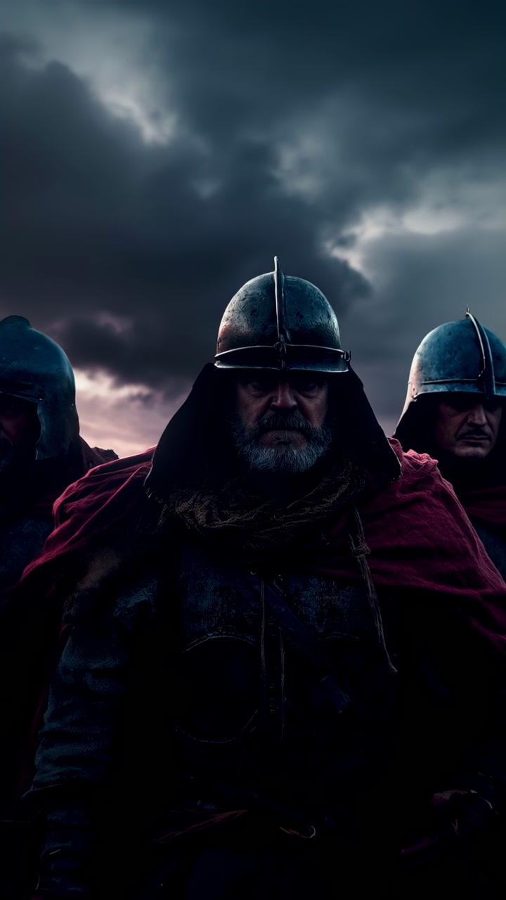 Caucasian Bearded Warriors In Helmets, Advance Under Stormy Dusk Sky, Leader In Red Cloak At Forefront, Grim