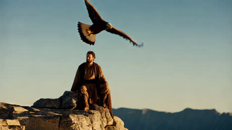 man sitting on a mountaintop with a bird in flight