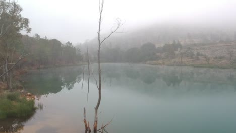 Un-Disparo-Que-Se-Mueve-Justo-Cerca-De-La-Superficie-En-Un-Lago-Con-Niebla