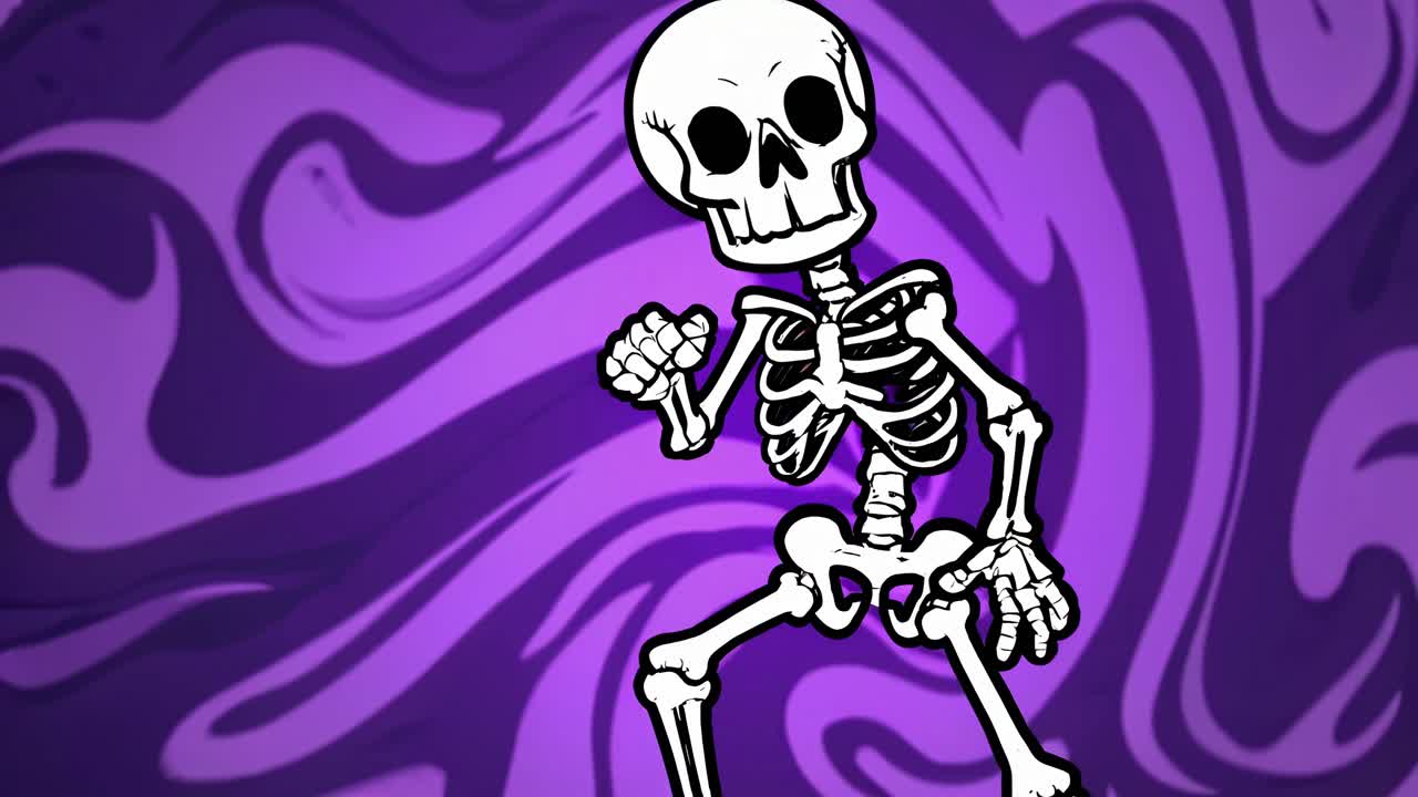 A cartoon skeleton dances against a swirling purple background