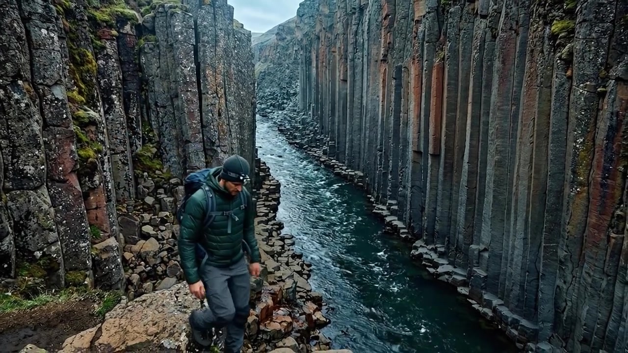 Traveler exploring narrow canyon with river