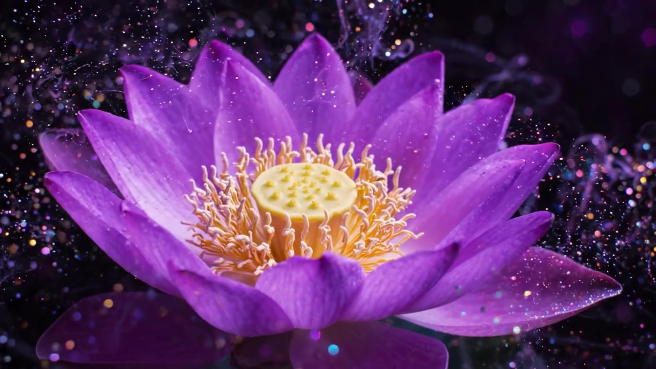 Stunning Close-Up of a Vibrant Purple Lotus Flower in a Mystical Setting with Sparkles and Glittering Background, Perfect for Nature Lovers and Floral Aesthetics