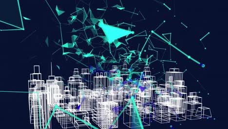 animation of digital city over network of connections on black background