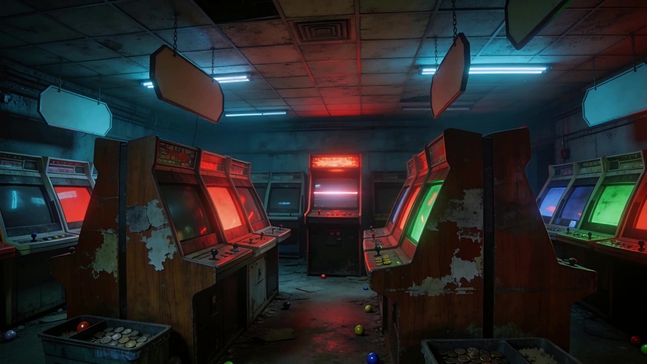 Pulsing neon lights causing arcade cabs' screens flashing in arcade, central cabinet flaring, coins