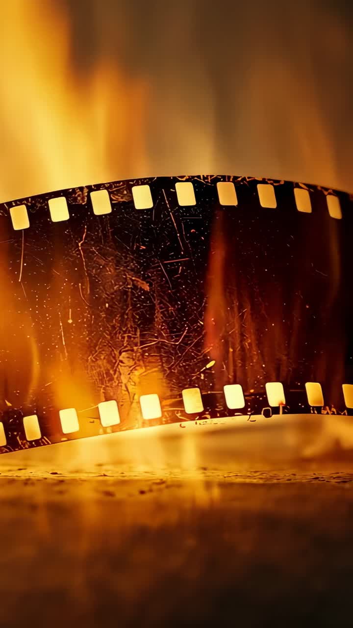 Video verticale: fiamma crescente che illumina una pellicola con fori di trascinamento in studio, causando bruciature