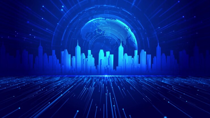 Blue smart city globe visual with futuristic skyline glowing world network and digital data