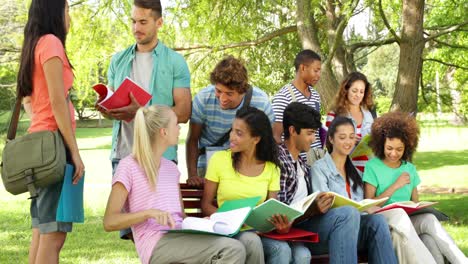 students reading and chatting together outside on campus