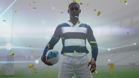 animación de confeti y red de conexiones sobre jugador de rugby sobre estadio deportivo