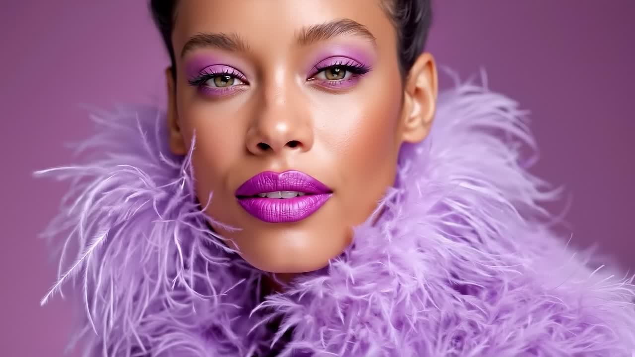A woman with purple lipstick and a purple feather boa