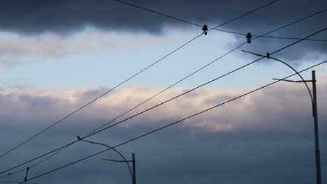 Elektrische-Leitungen-Am-Bewölkten-Himmel.-Nicht-Funktionierende-Straßenlaternen-In-Der-Stadt-Am-Abend.