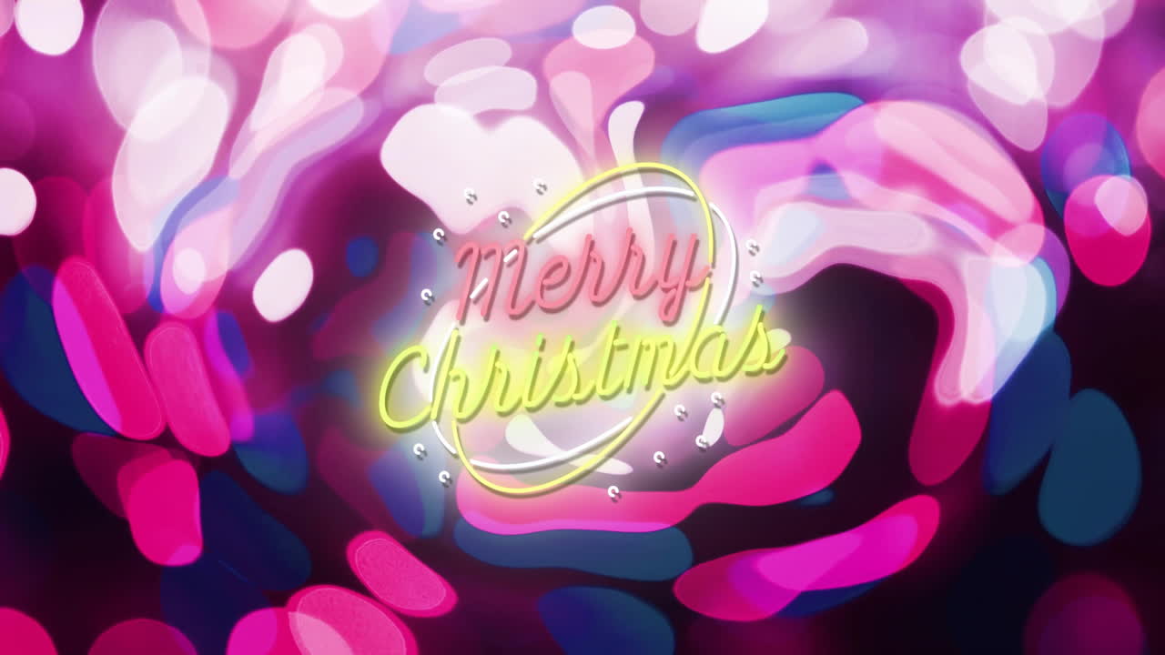 Animation of merry christmas text over neon pattern background