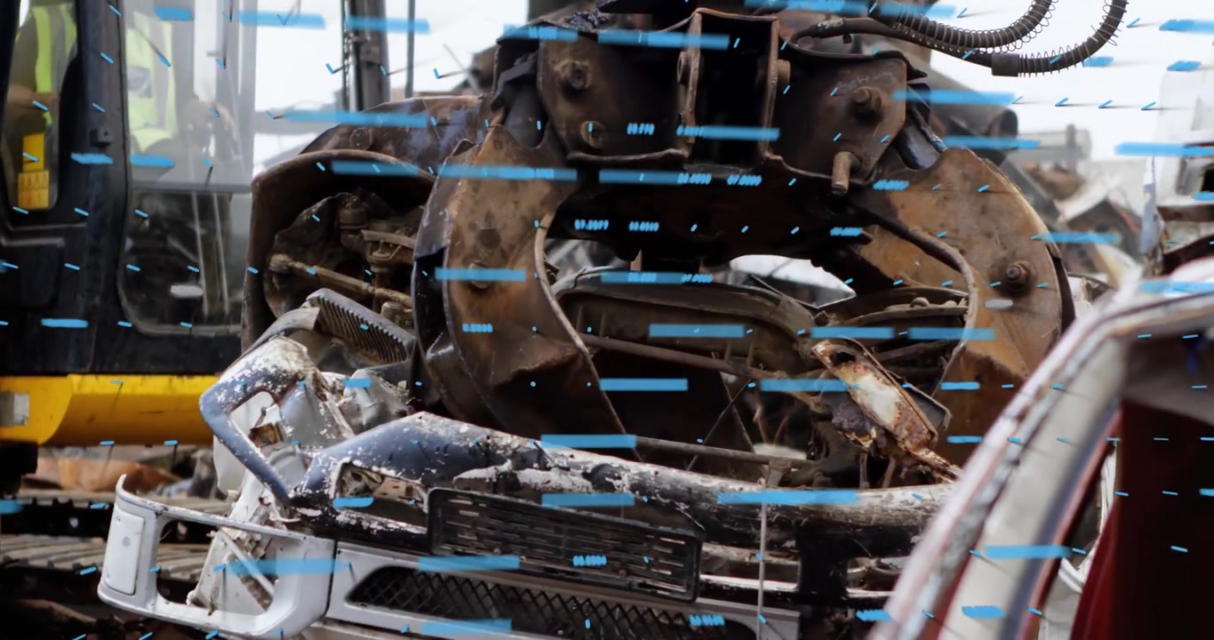 Animation of graphs and lines over car junkyard