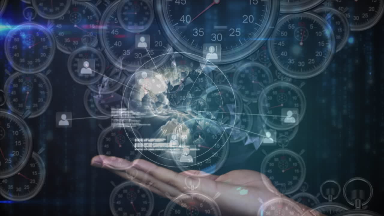 animación del procesamiento de datos, redes de conexiones y globo sobre múltiples relojes moviéndose rápidamente