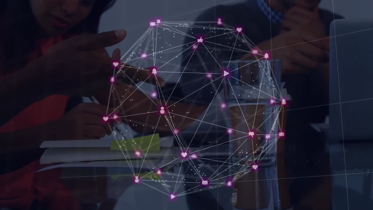 Animation of data processing over diverse business people talking