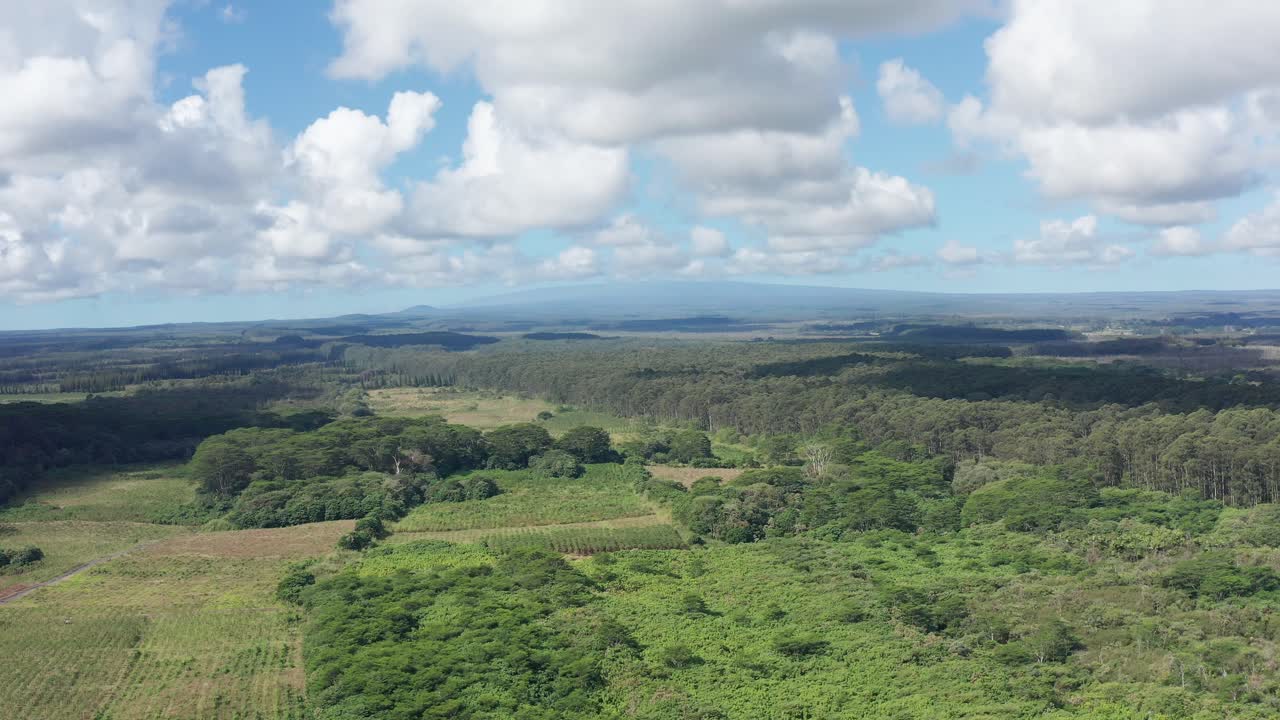 Aerial wide dolly shot of the Mauna Loa volcano with the summit obscured by clouds on the Big Island of Hawaii