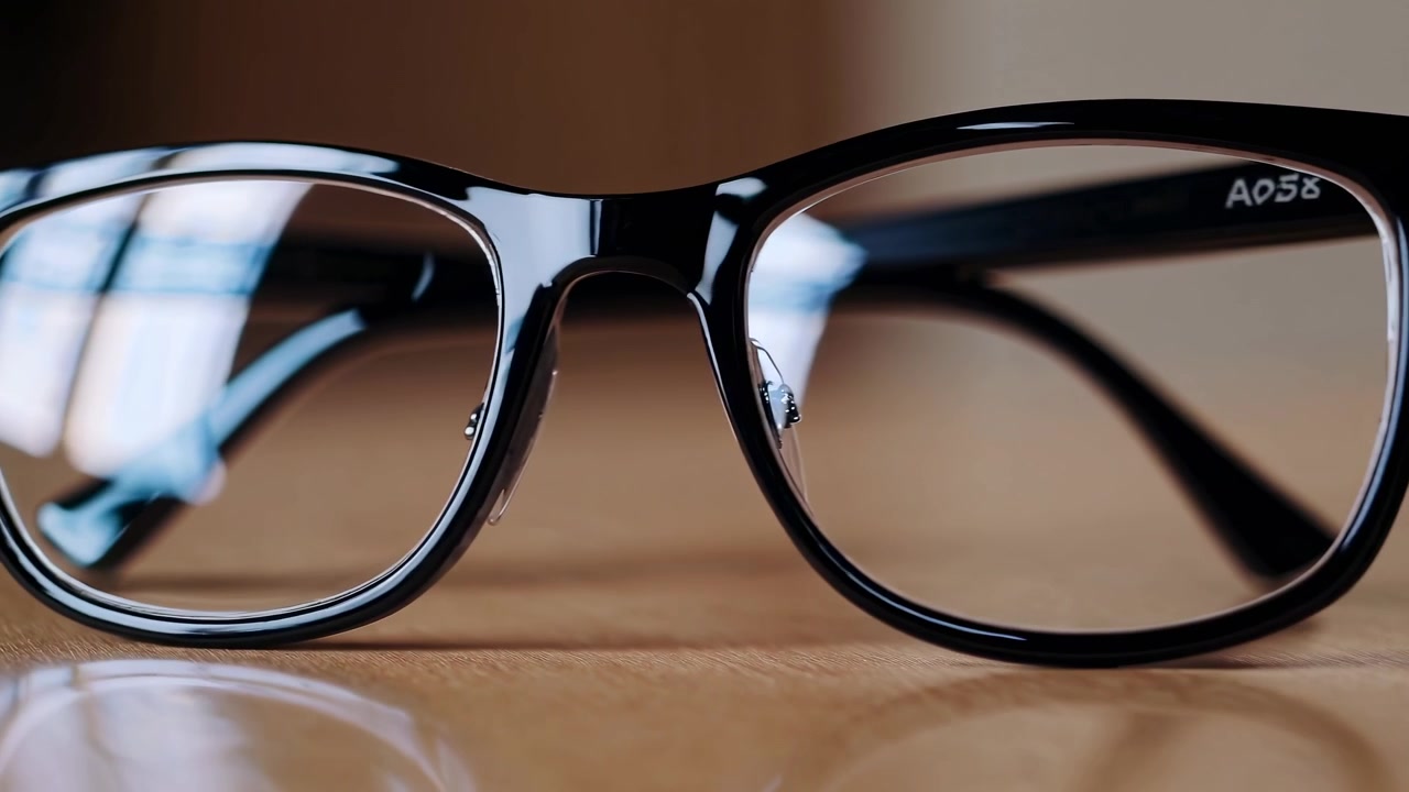 Nahaufnahme einer schwarz gerahmten Brille, die auf einem Holztisch liegt