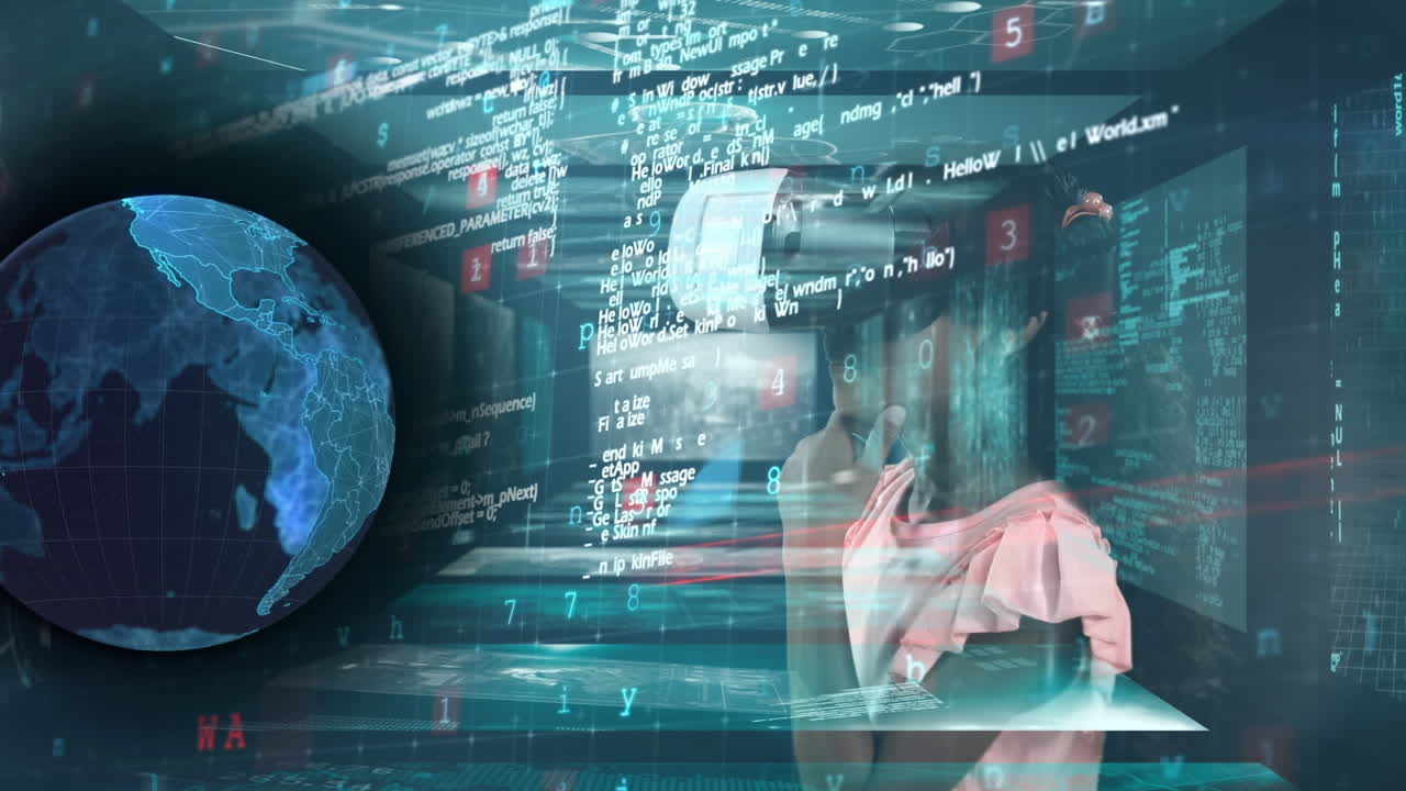 animación de procesamiento de datos y globo sobre escolar que usa auriculares vr