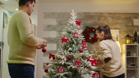 Pareja-Con-Ropa-A-Juego-Decorando-Su-árbol-De-Navidad