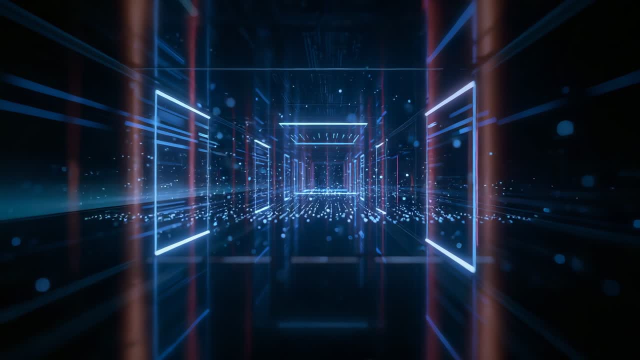 Gliding camera into central neon hall, showing frames, columns, particles, floor showing depth